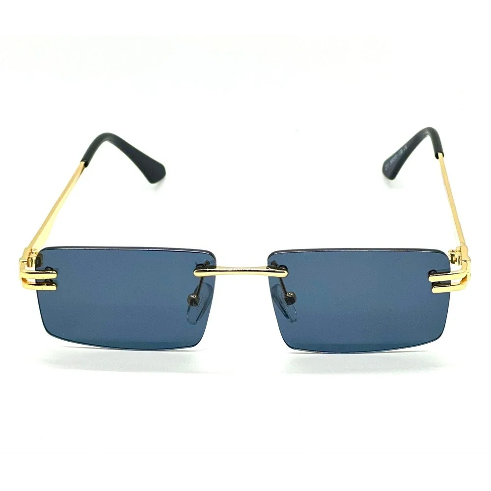 Men's Vintage Rimless Dark Black‎ Tint Gold Frame Woodgrain Hip Hop Sunglasses